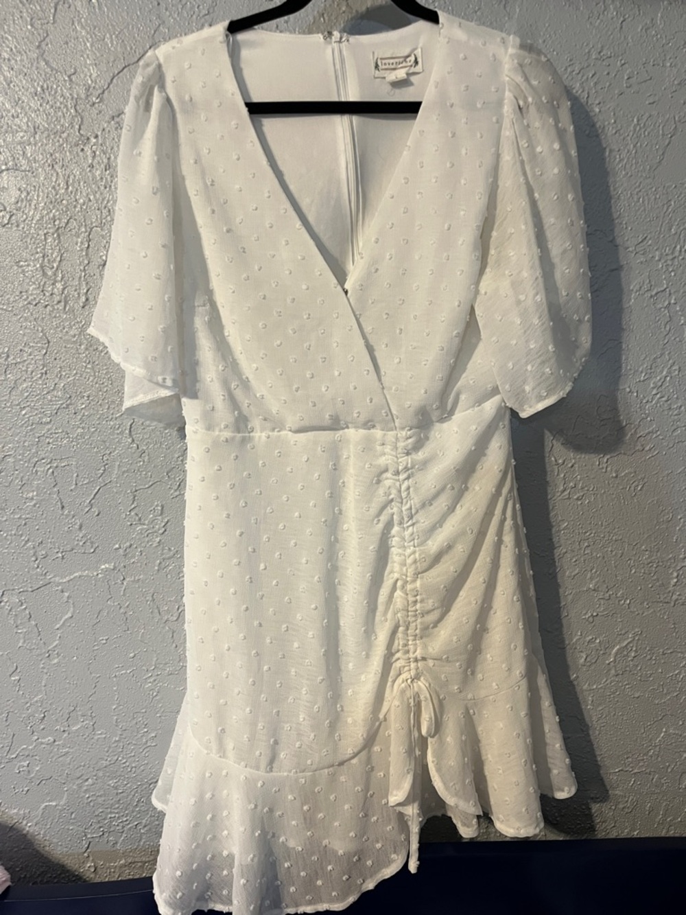White Swiss Dot Textured Ruffle Wrap Bridal Shower Dress